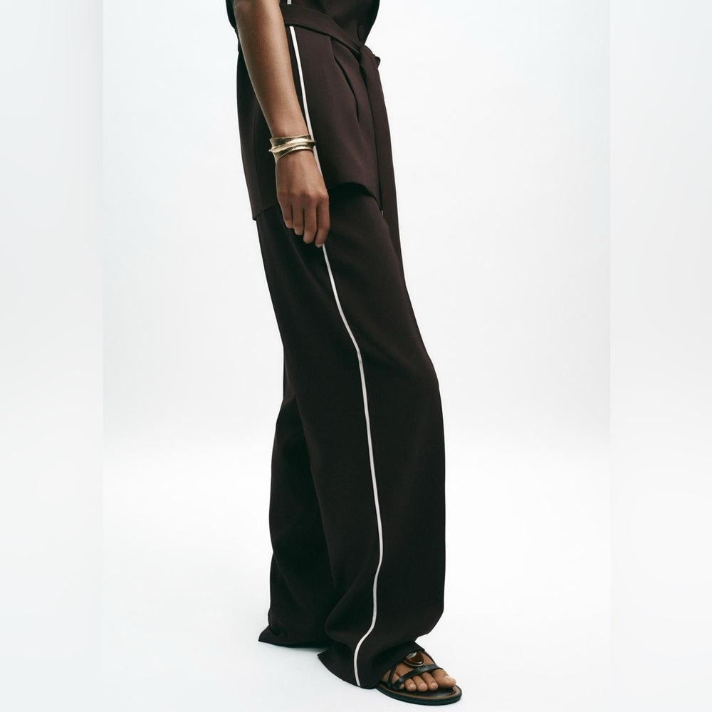 Zara Dark Brown Straight-Leg Pants with White Side Stripe medium